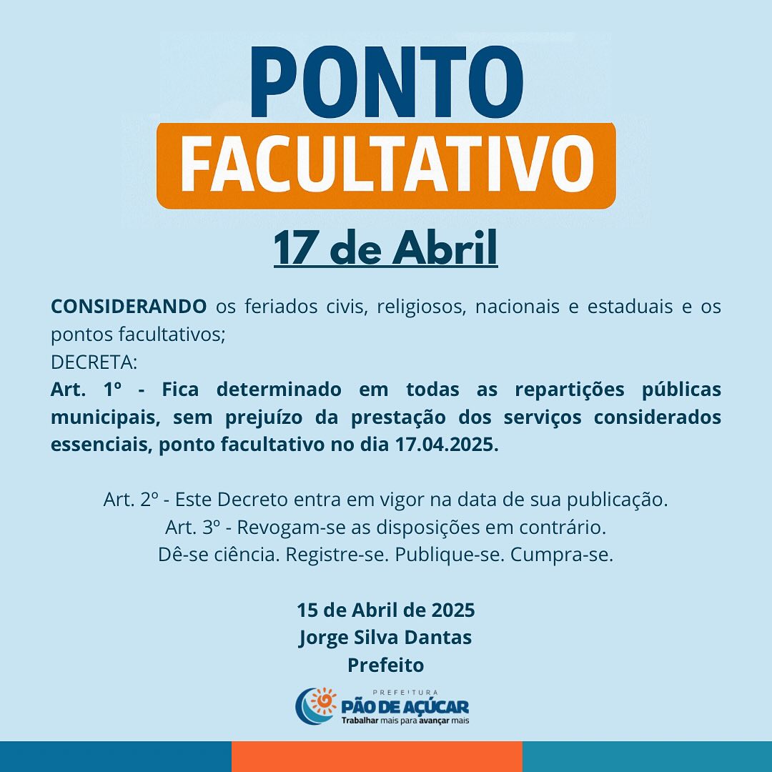 Ponto facultativo nas repartições públicas municipais