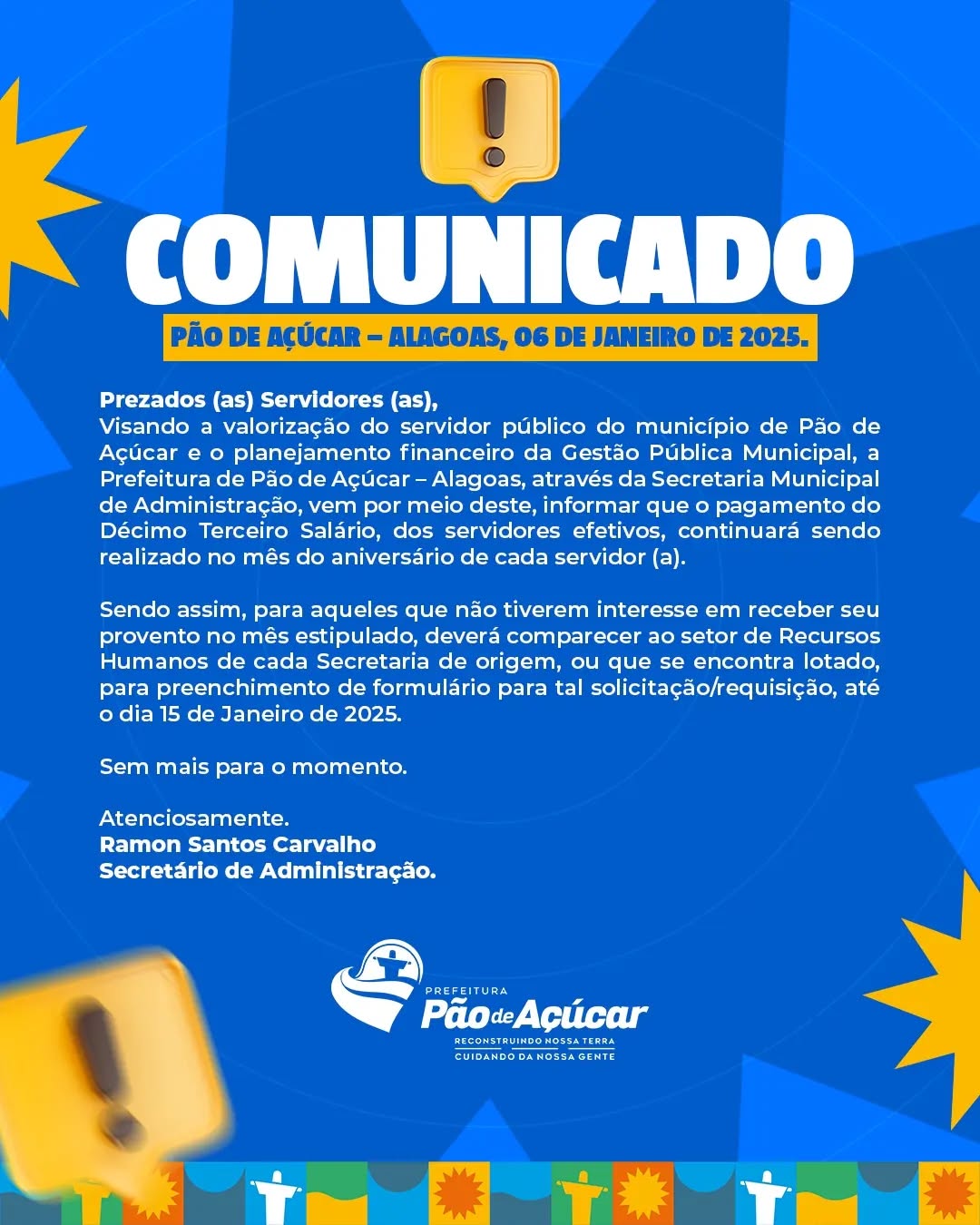 Comunicado sobre pagamentos dos 13° Salários