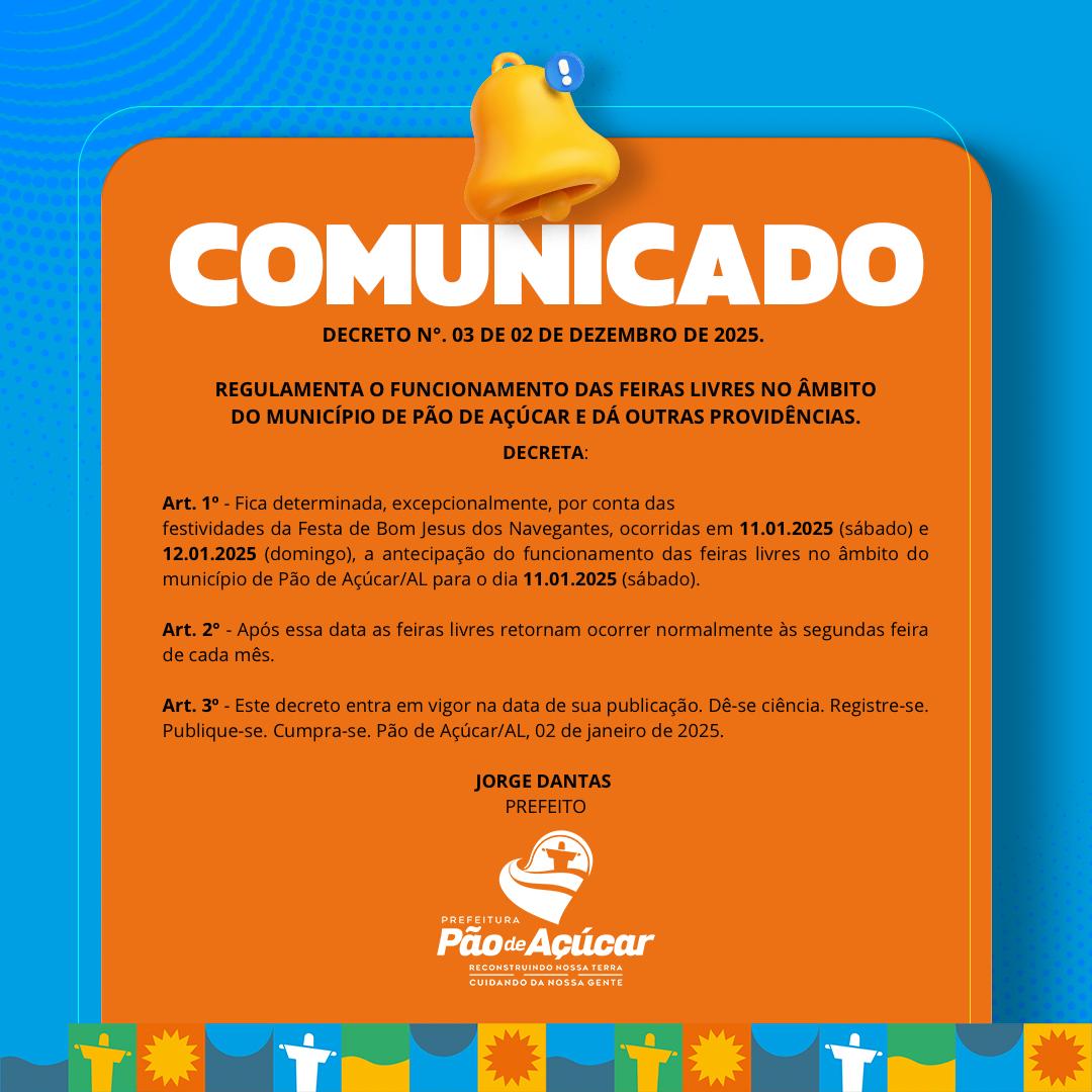Decreto Municipal antecipa feira livre na semana da Festa de Bom Jesus dos Navegantes