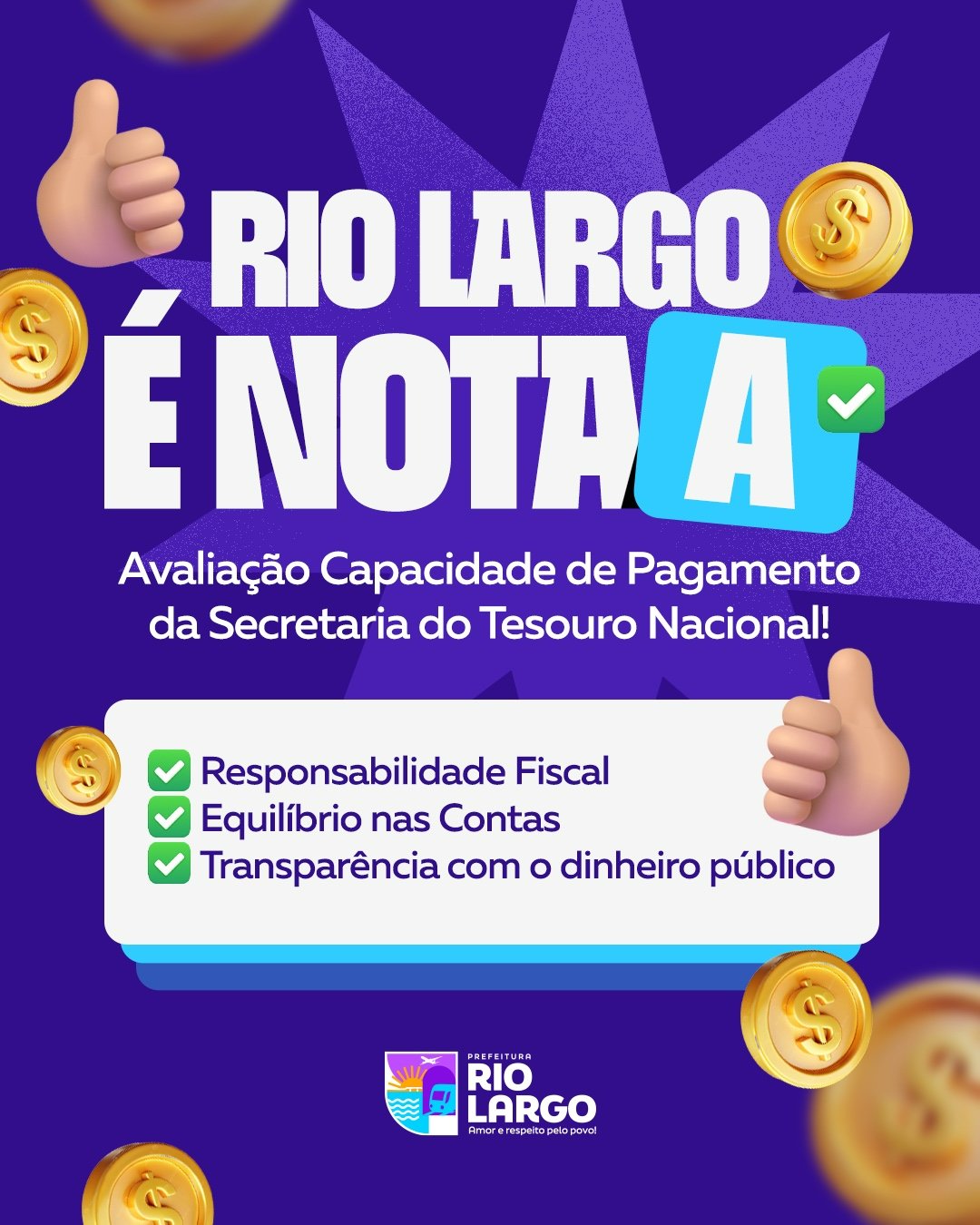 Rio Largo conquista Nota A na Capacidade de Pagamento da Secretaria do Tesouro Nacional