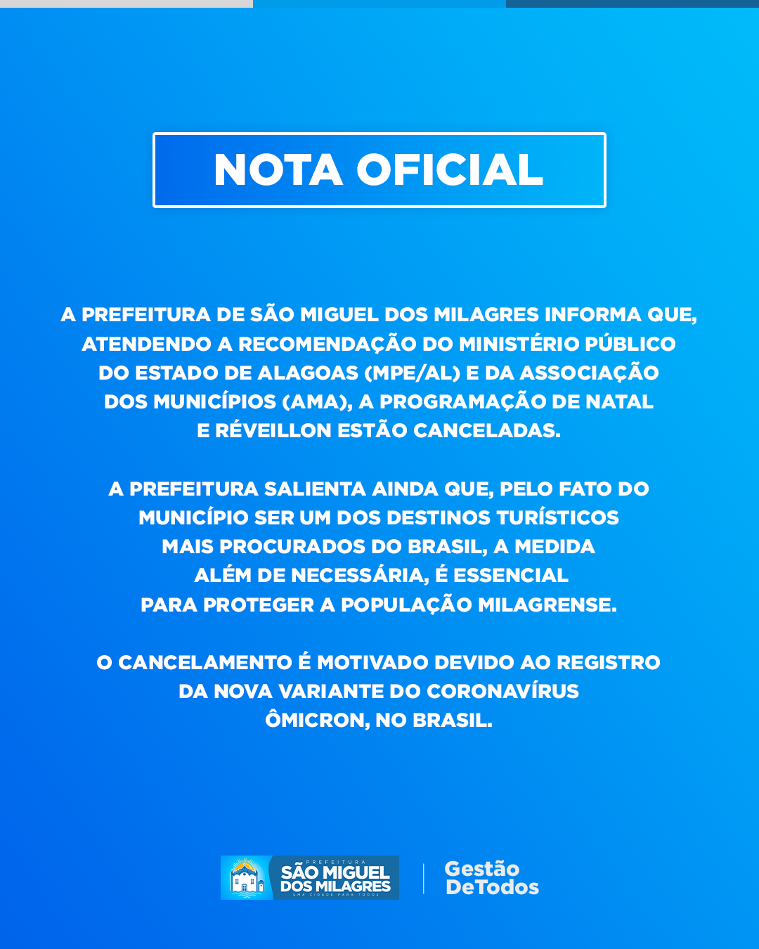 Cancelamento da programação de Natal e Réveillon