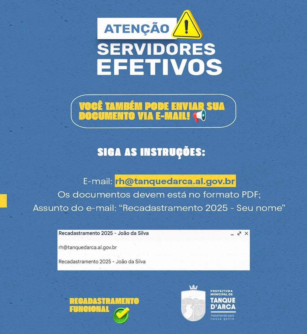 Recadastramento dos servidores efetivos da Prefeitura de Tanque d’Arca encerra nesta segunda-feira, 27