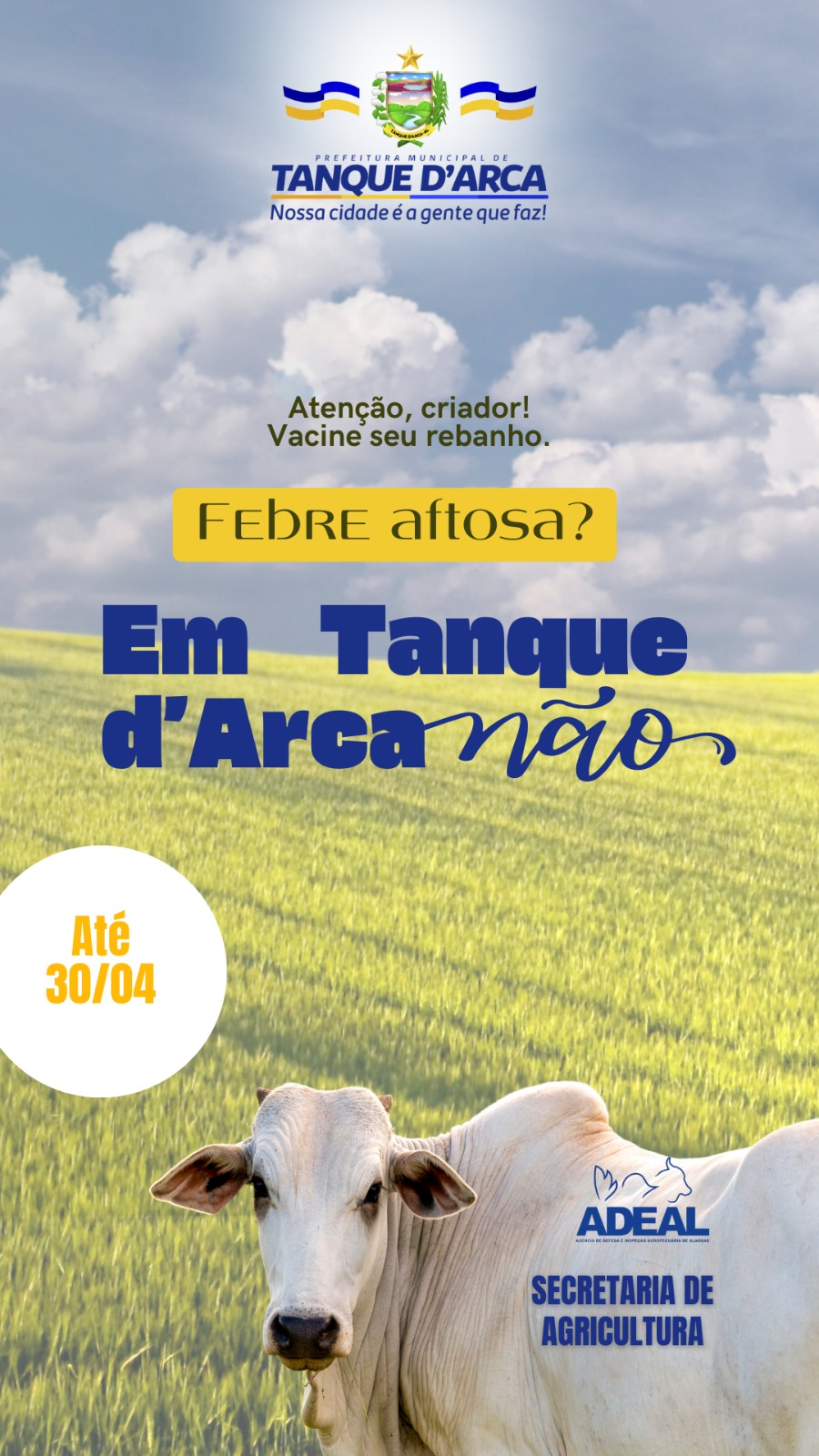 Secretaria de Agricultura informa que prazo para vacinação da aftosa encerra dia 30