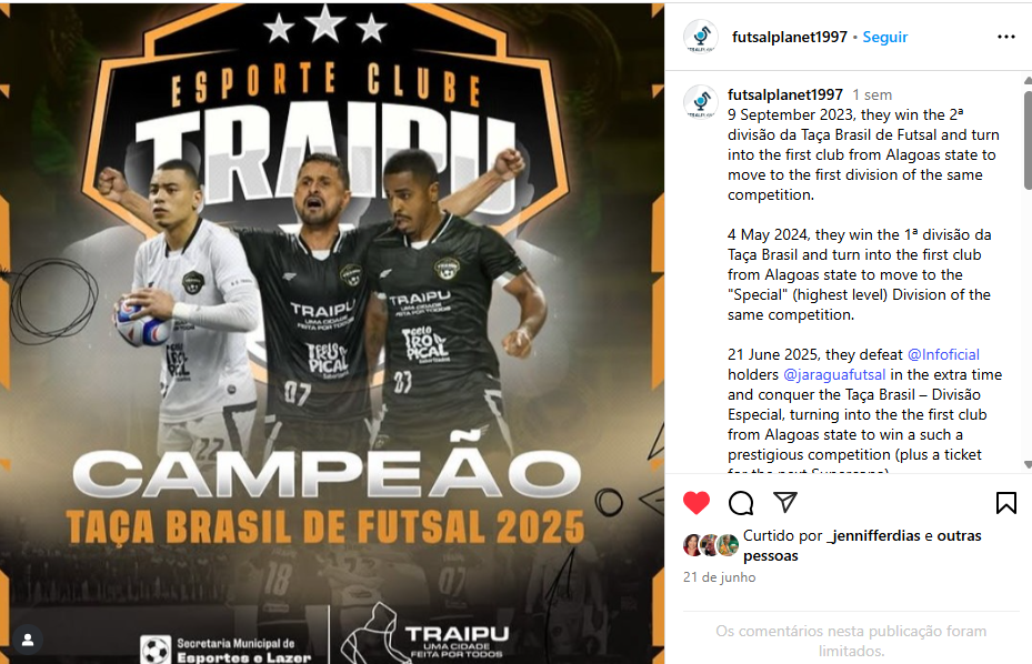 Vitória do Esporte Clube Traipu na divisão especial da Taça Brasil é destaque em página internacional sobre futsal
